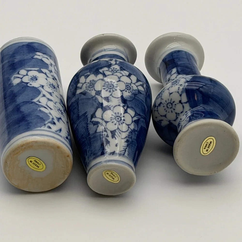 Set of 3 Blue and White Porcelain Miniature Bud Vases Cherry Blossom Floral